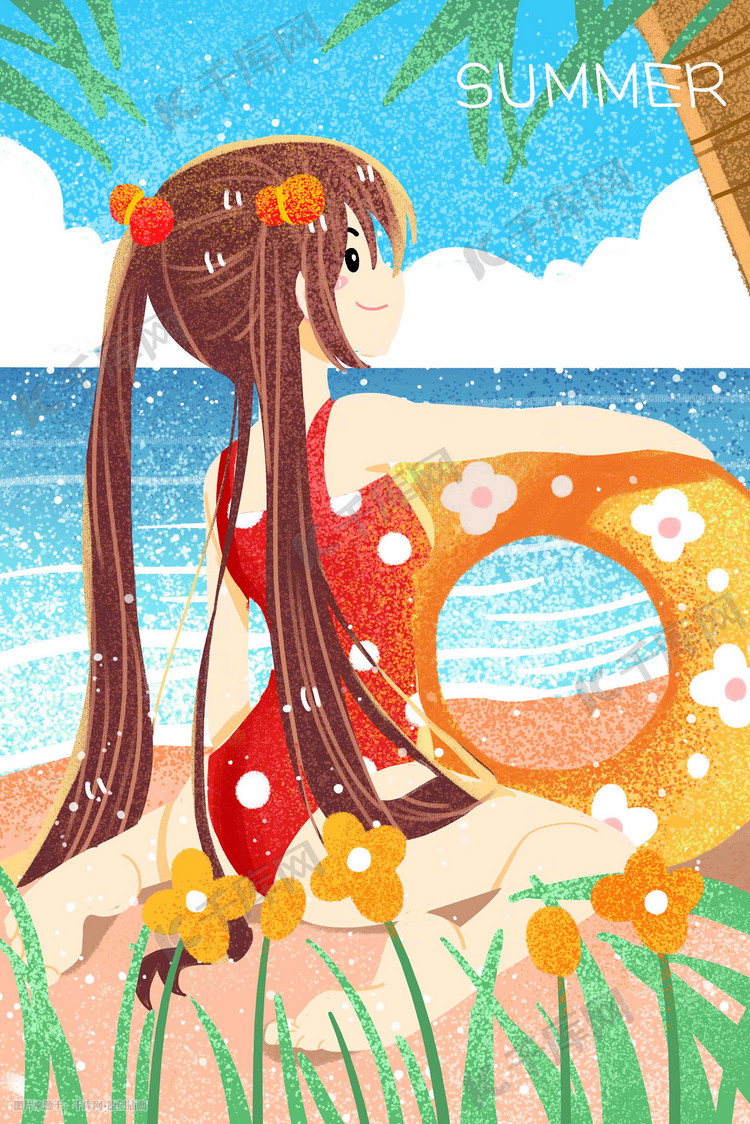 沙滩少女简笔画_沙滩美少女_沙滩上的少女水彩画